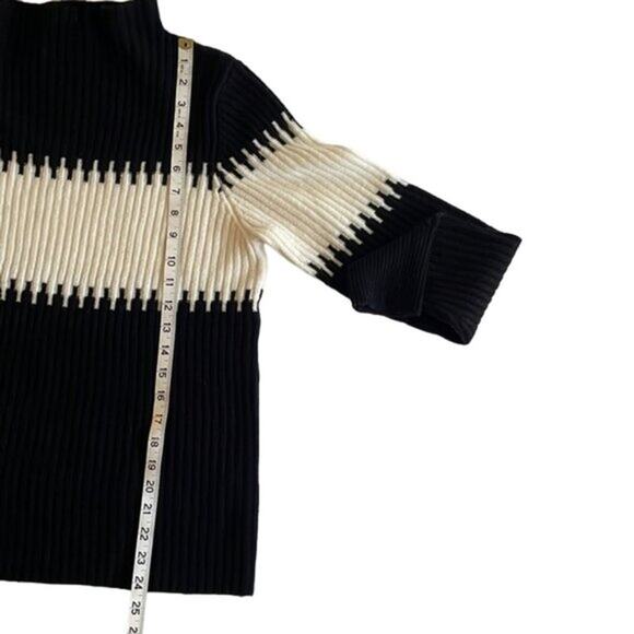 French Connection Black Off White Striped Mock Neck Ribbed Sweater Long Sleeve M - Picture 3 of 4